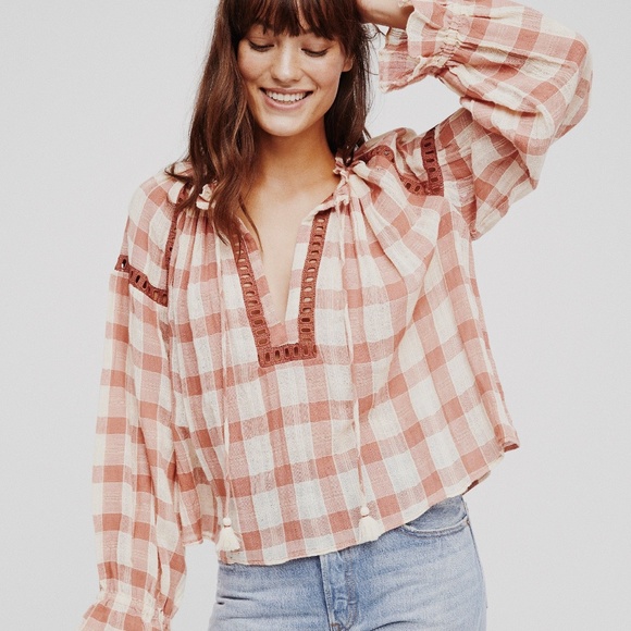 Free People Tops - • FREE PEOPLE • peach & cream plaid crochet top